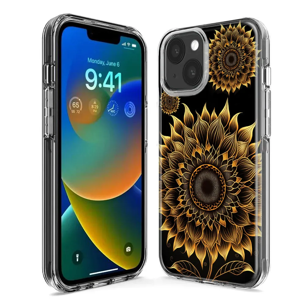 For Apple iPhone 14 Pro Max Mandala Geometry Abstract Sunflowers Pattern Design Hybrid Protective Phone Case Cover