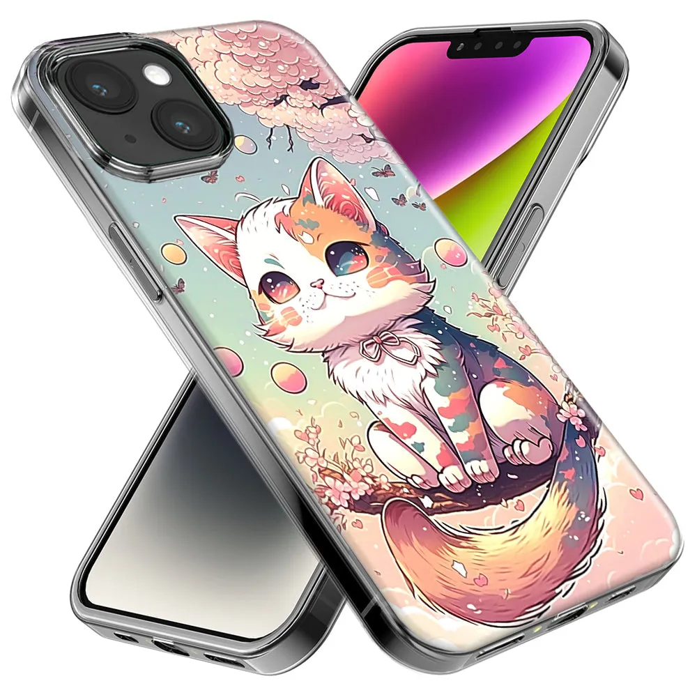 For Apple iPhone 15 Pro Kawaii Manga Pink Cherry Blossom Cute Cat Design Hybrid Protective Phone Case Cover