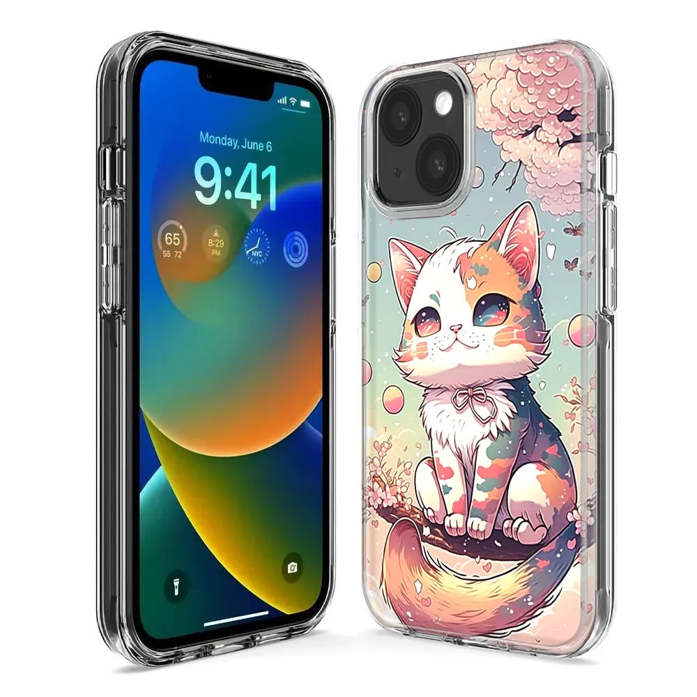 For Apple iPhone 15 Pro Kawaii Manga Pink Cherry Blossom Cute Cat Design Hybrid Protective Phone Case Cover