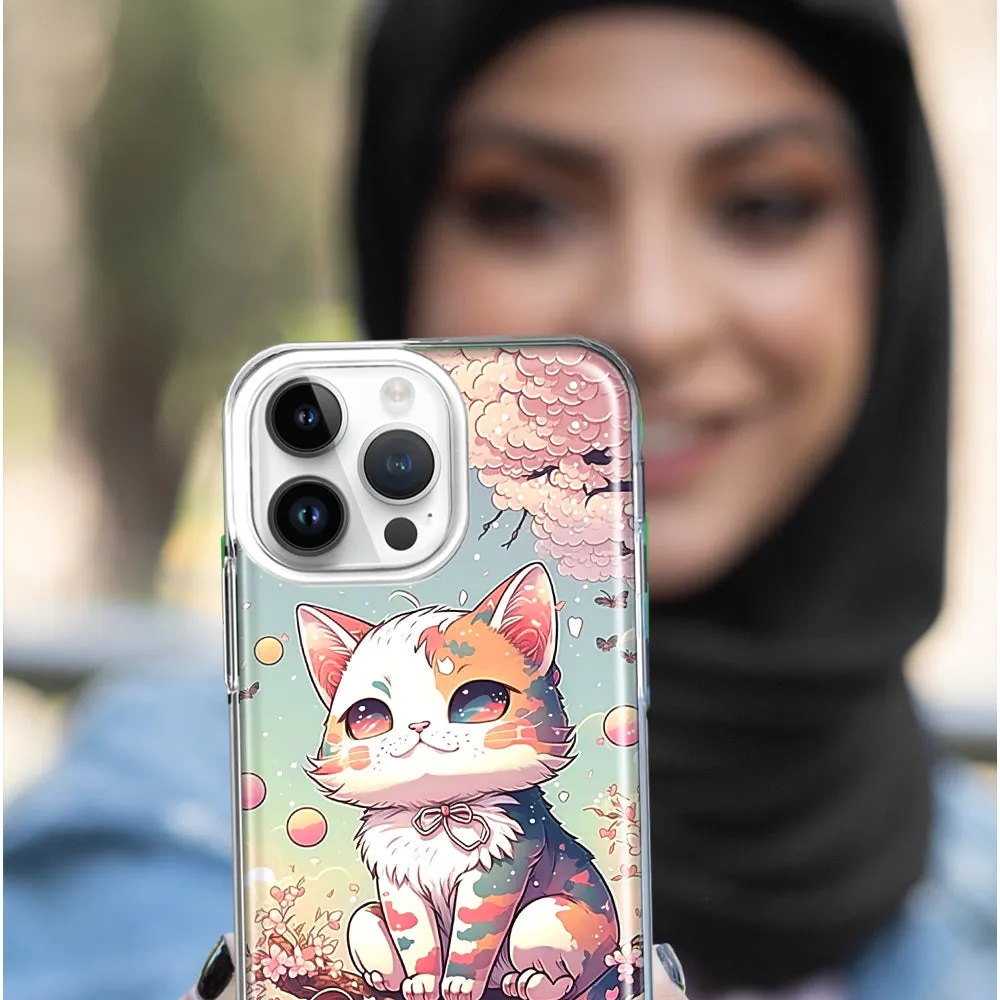 For Apple iPhone 15 Pro Kawaii Manga Pink Cherry Blossom Cute Cat Design Hybrid Protective Phone Case Cover