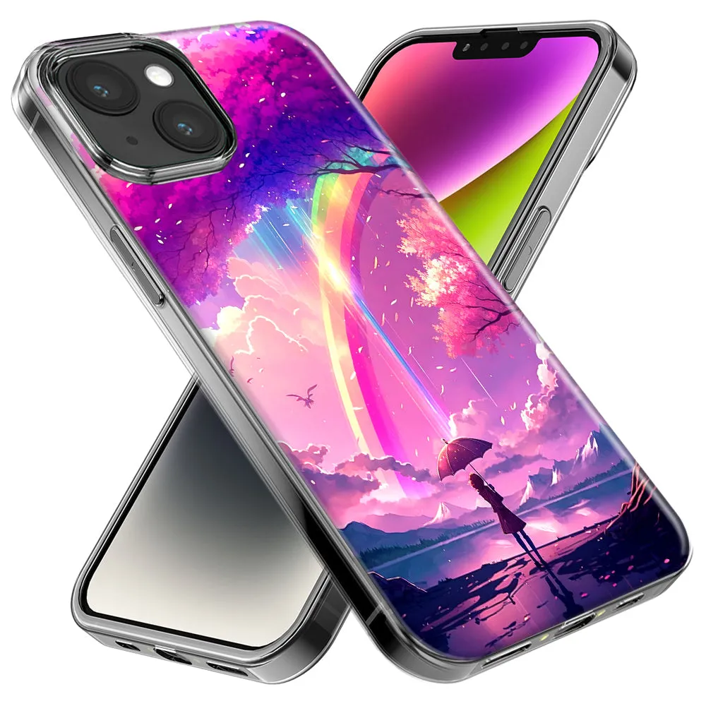 For Apple iPhone 15 Pro Max Kawaii Manga Pink Cherry Blossom Japanese Rainbow Girl Design Hybrid Protective Phone Case Cover