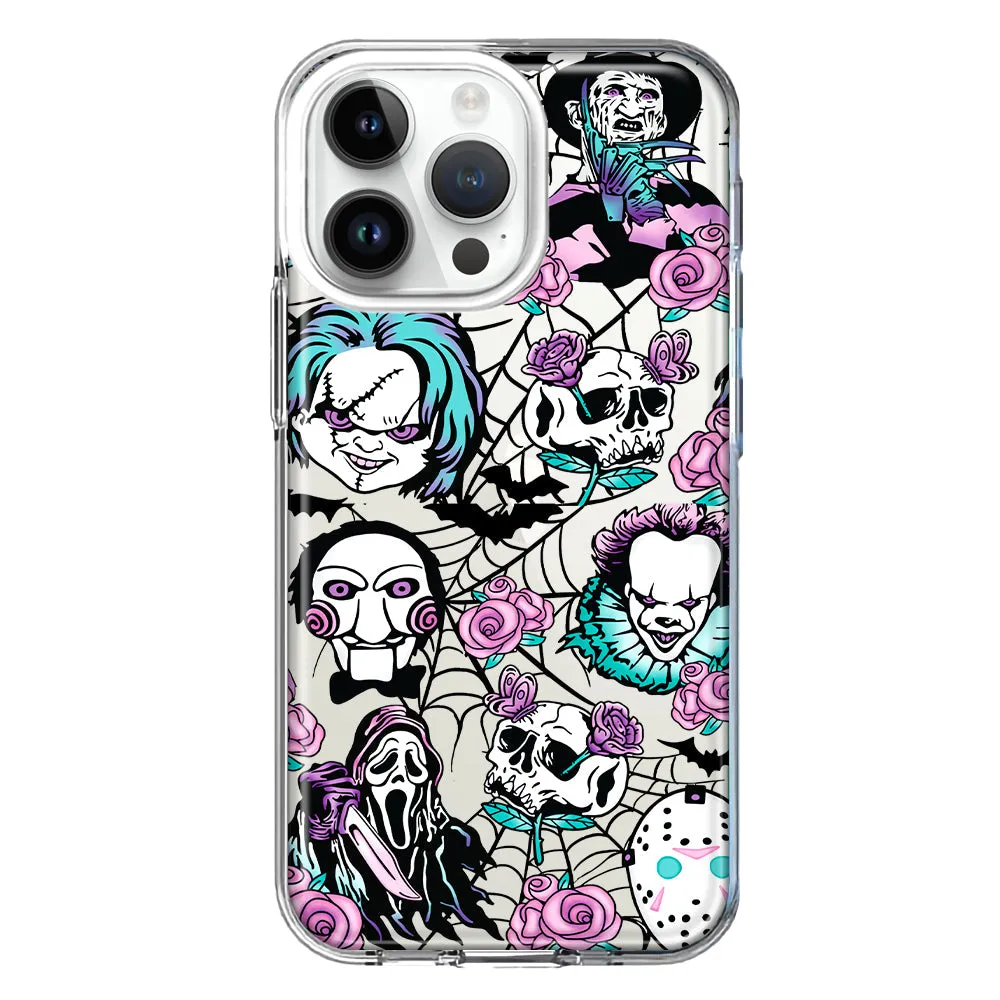 For Apple iPhone 15 Pro Max Roses Halloween Spooky Horror Characters Spider Web Design Hybrid Protective Phone Case Cover