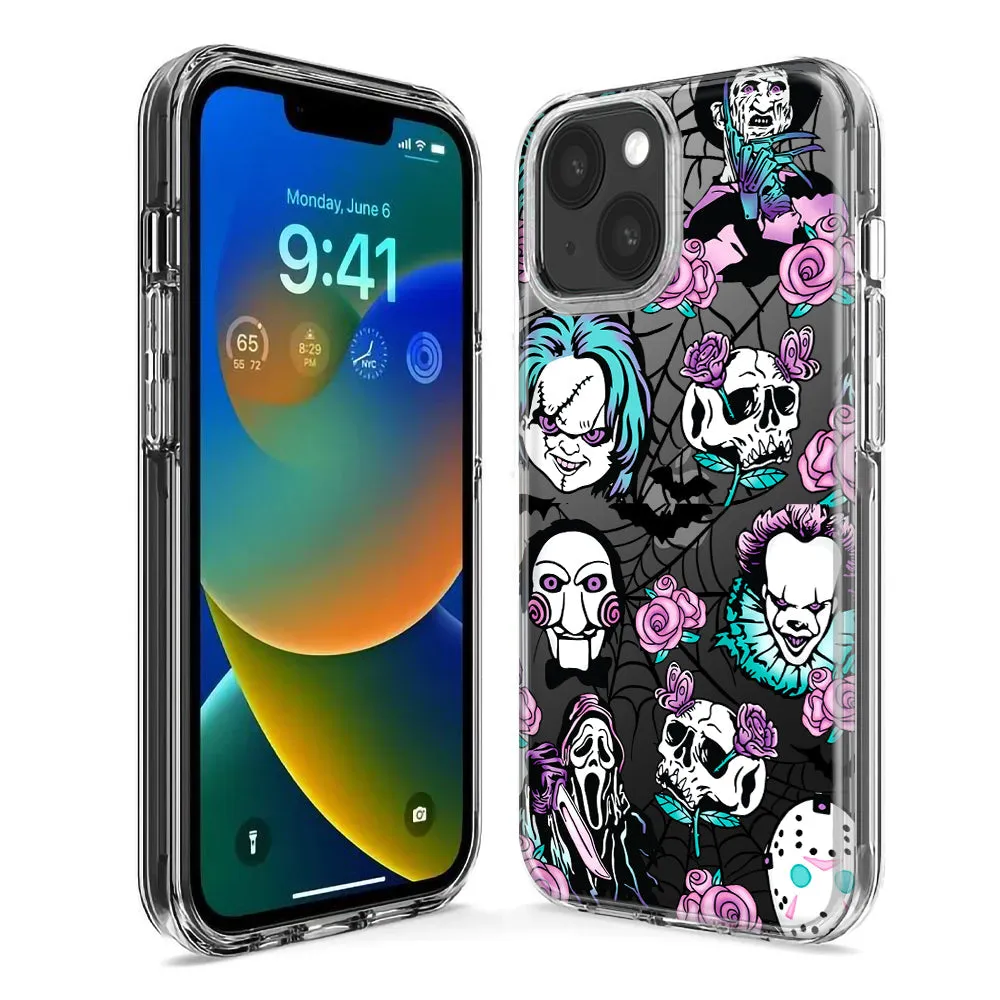 For Apple iPhone 15 Pro Max Roses Halloween Spooky Horror Characters Spider Web Design Hybrid Protective Phone Case Cover