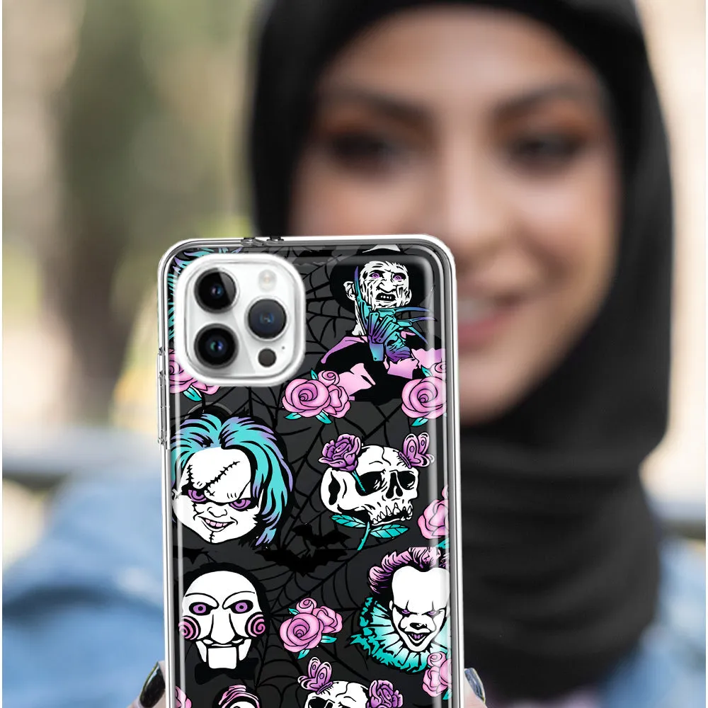 For Apple iPhone 15 Pro Max Roses Halloween Spooky Horror Characters Spider Web Design Hybrid Protective Phone Case Cover