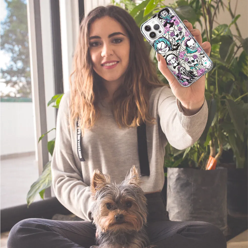 For Apple iPhone 15 Pro Max Roses Halloween Spooky Horror Characters Spider Web Design Hybrid Protective Phone Case Cover