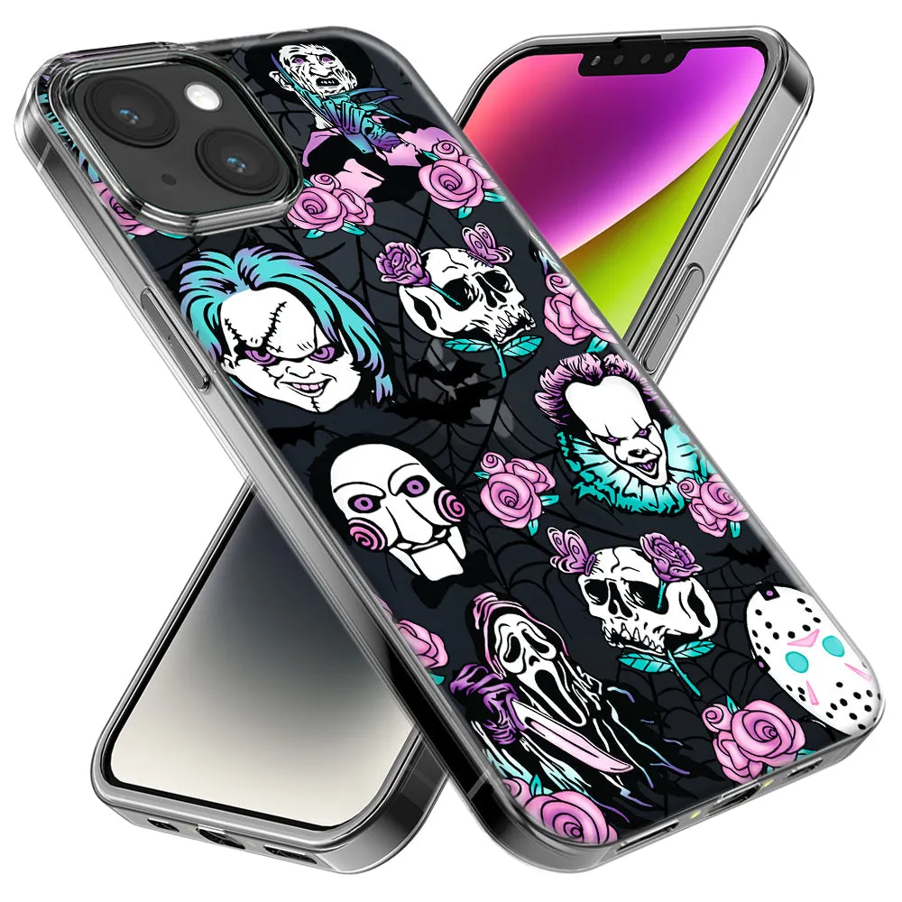 For Apple iPhone 15 Pro Max Roses Halloween Spooky Horror Characters Spider Web Design Hybrid Protective Phone Case Cover