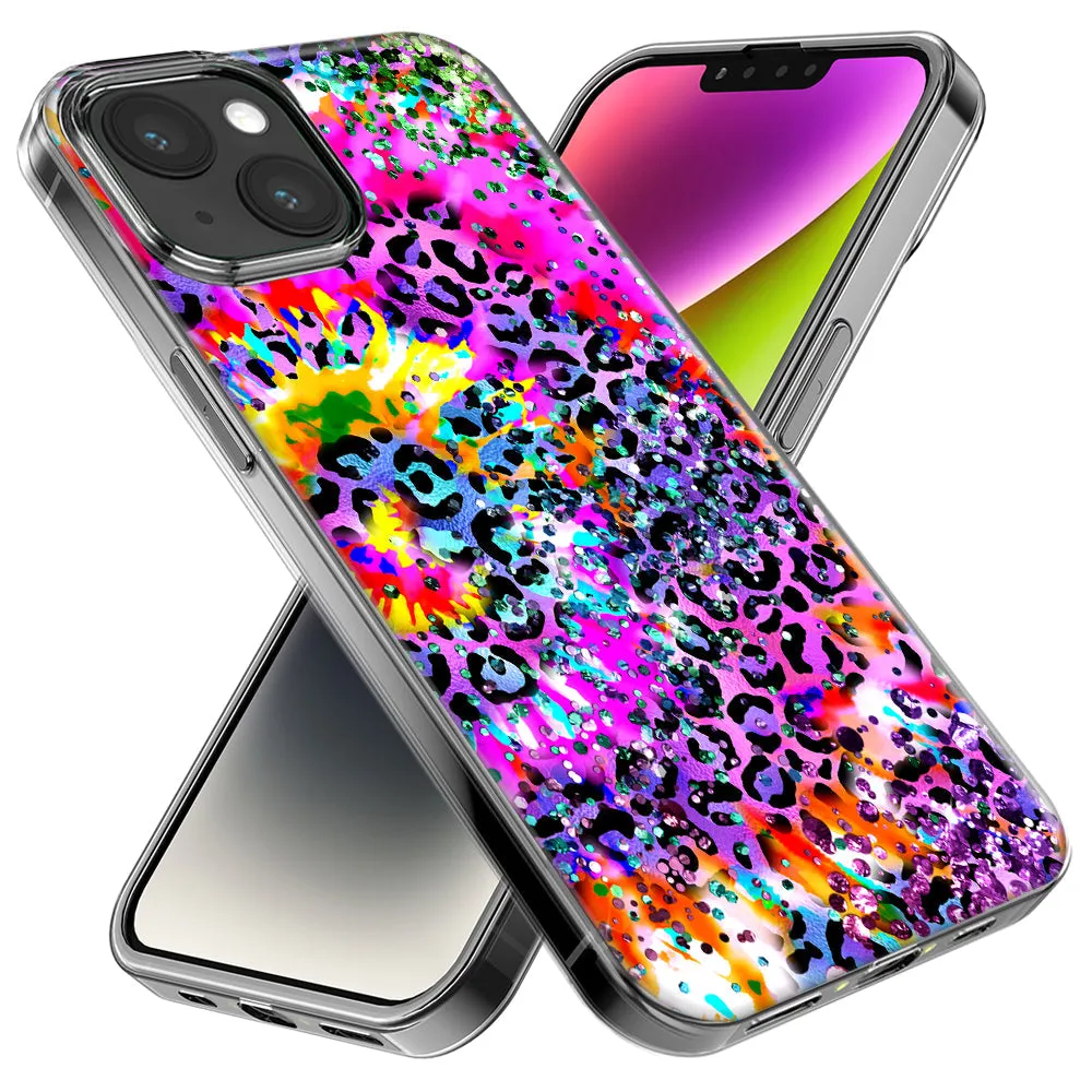 For Apple iPhone 15 Pro Max Vibrant Pink Purple Tie Dye Summer Leopard Swirl Rainbow Design Hybrid Protective Phone Case Cover