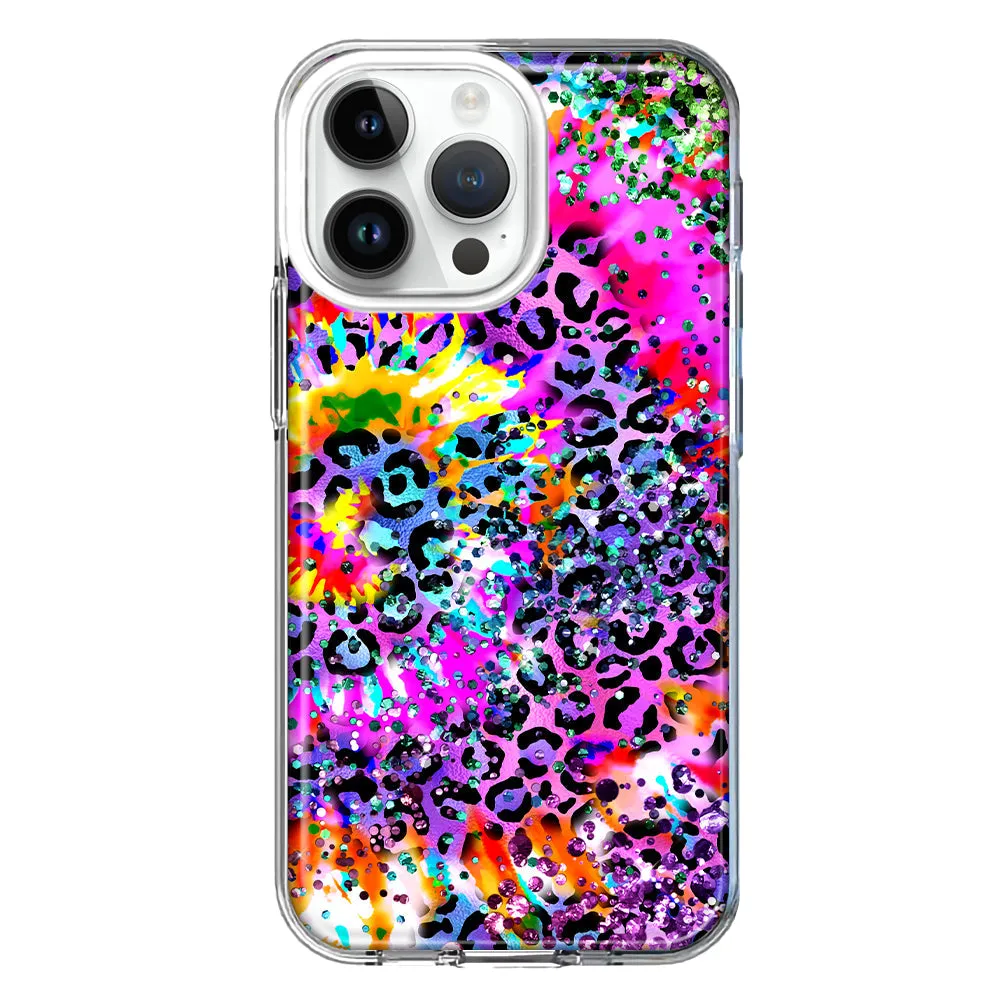 For Apple iPhone 15 Pro Max Vibrant Pink Purple Tie Dye Summer Leopard Swirl Rainbow Design Hybrid Protective Phone Case Cover