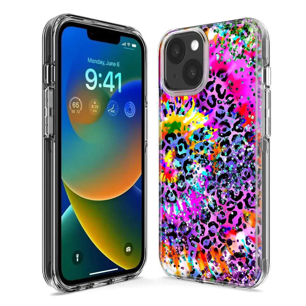 For Apple iPhone 15 Pro Max Vibrant Pink Purple Tie Dye Summer Leopard Swirl Rainbow Design Hybrid Protective Phone Case Cover