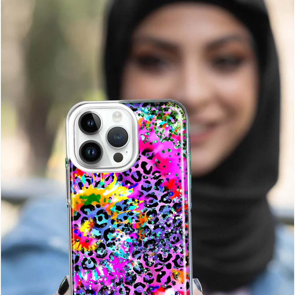 For Apple iPhone 15 Pro Max Vibrant Pink Purple Tie Dye Summer Leopard Swirl Rainbow Design Hybrid Protective Phone Case Cover