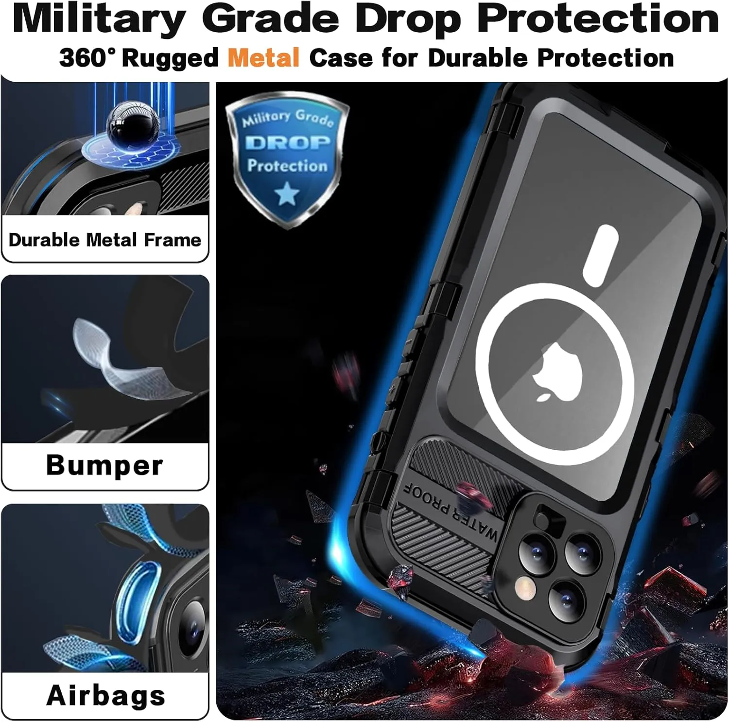 for iPhone 15 Pro Waterproof Case Compatible with MagSafe, Metal Heavy Duty IP68 Underwater Case Built-in Screen Protector, Military Grade Shockproof Full Body Protective Rugged Cover 6.1 inch