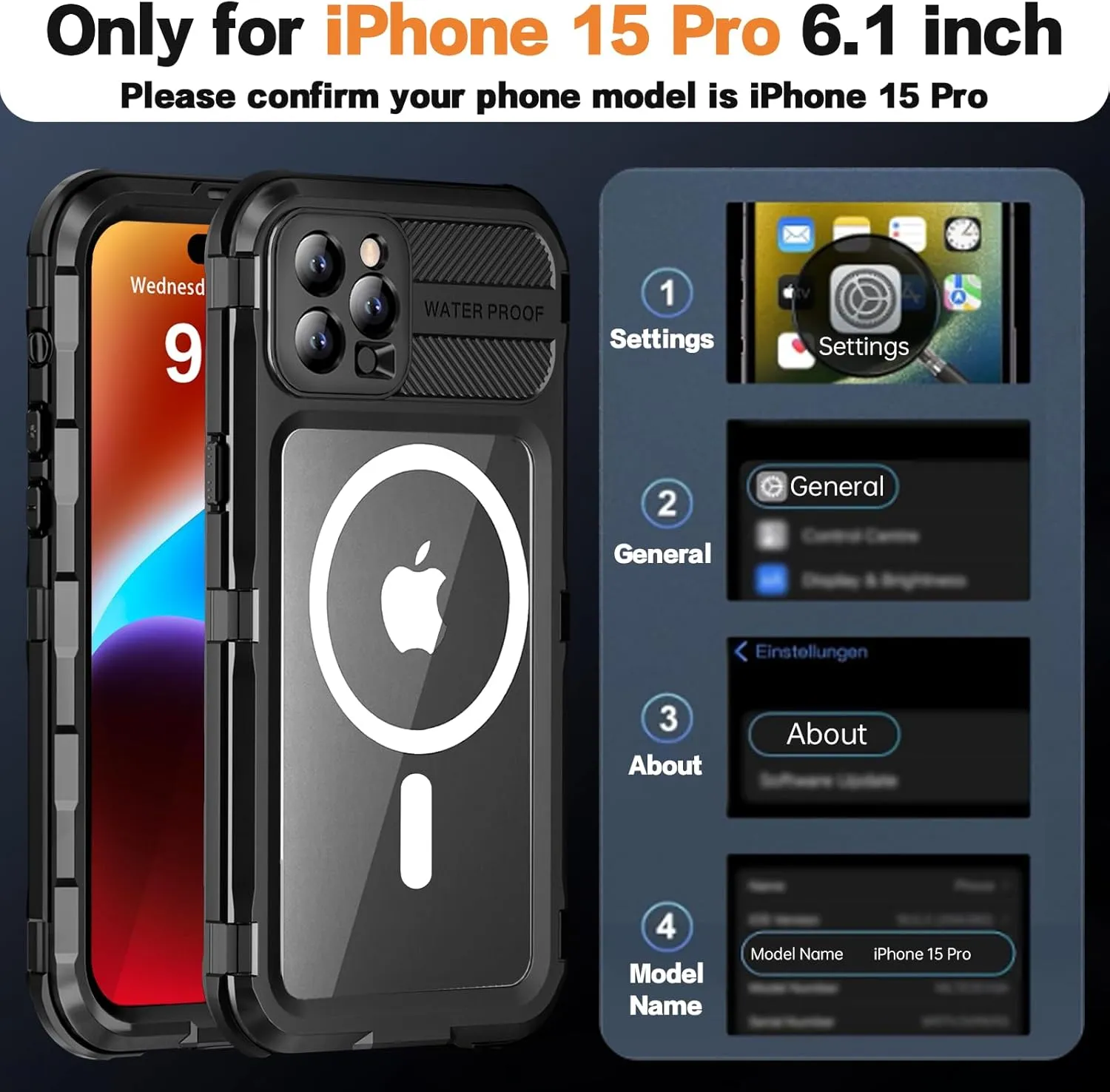 for iPhone 15 Pro Waterproof Case Compatible with MagSafe, Metal Heavy Duty IP68 Underwater Case Built-in Screen Protector, Military Grade Shockproof Full Body Protective Rugged Cover 6.1 inch