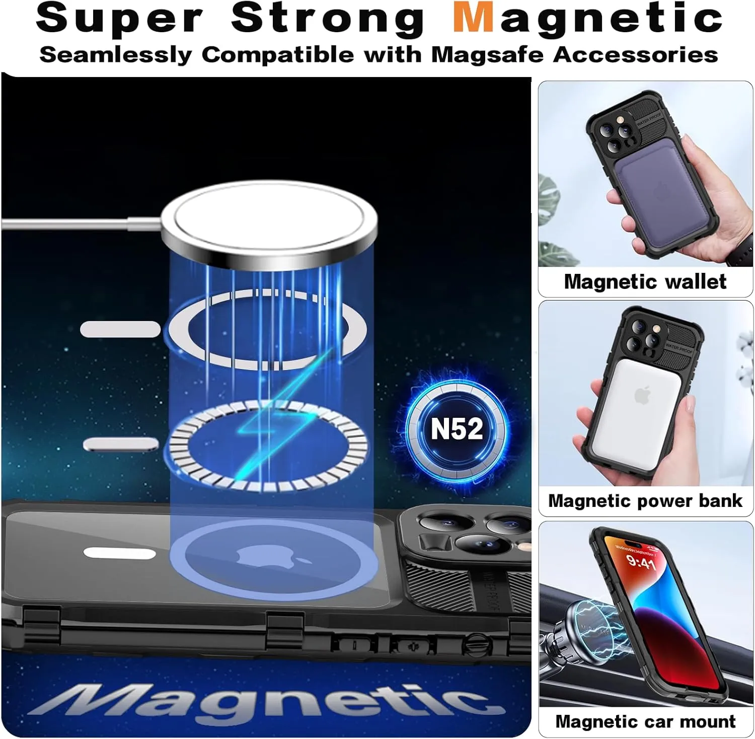 for iPhone 15 Pro Waterproof Case Compatible with MagSafe, Metal Heavy Duty IP68 Underwater Case Built-in Screen Protector, Military Grade Shockproof Full Body Protective Rugged Cover 6.1 inch