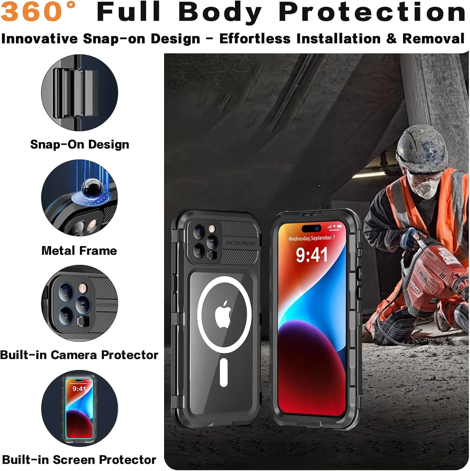 for iPhone 15 Pro Waterproof Case Compatible with MagSafe, Metal Heavy Duty IP68 Underwater Case Built-in Screen Protector, Military Grade Shockproof Full Body Protective Rugged Cover 6.1 inch