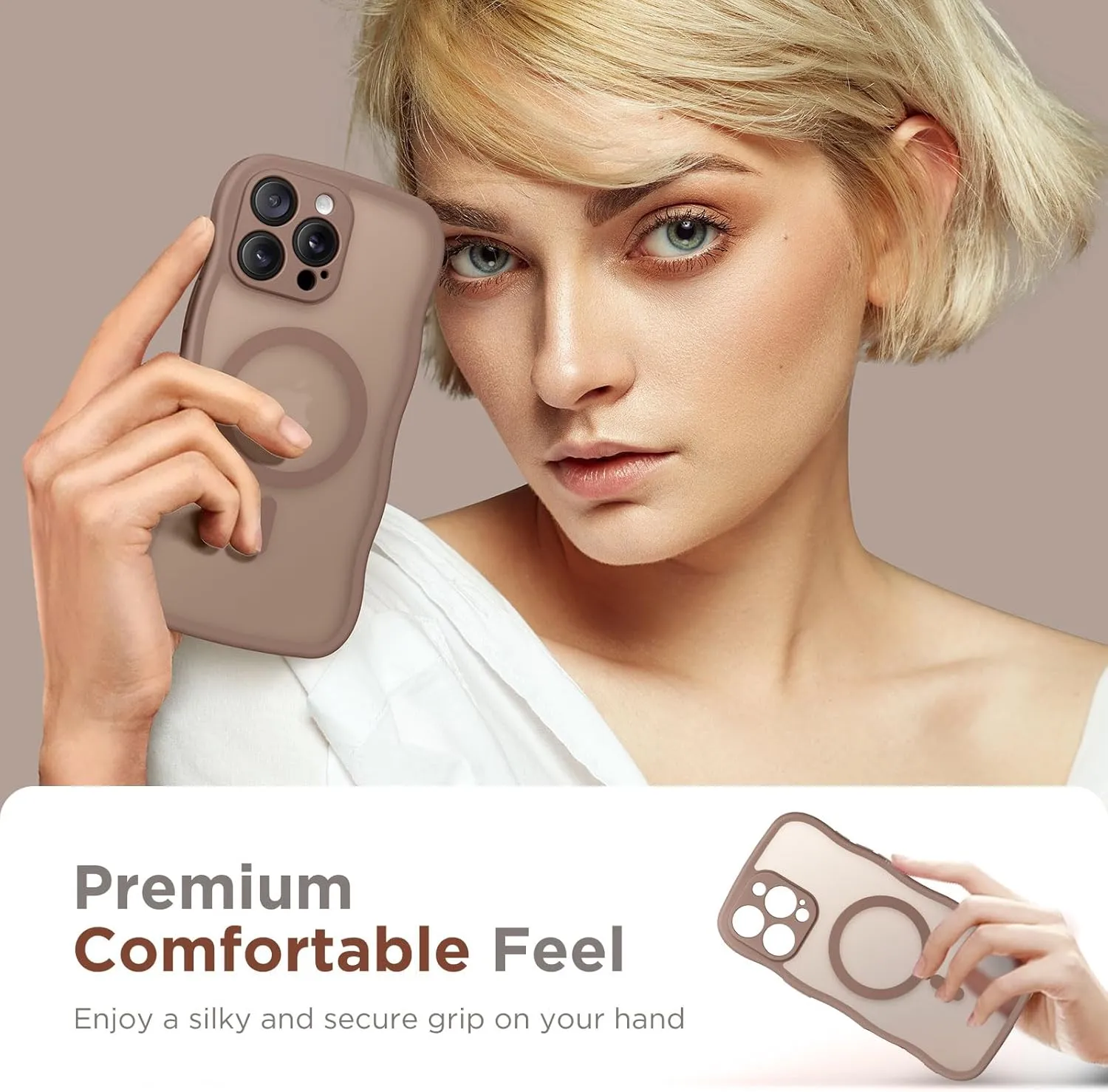 for iPhone 16 Pro Case for Women Girls, Upgraded [Full Camera Protection] [Compatible with MagSafe] Cute Wave Translucent Matte Phone Case for iPhone 16 Pro, Brown