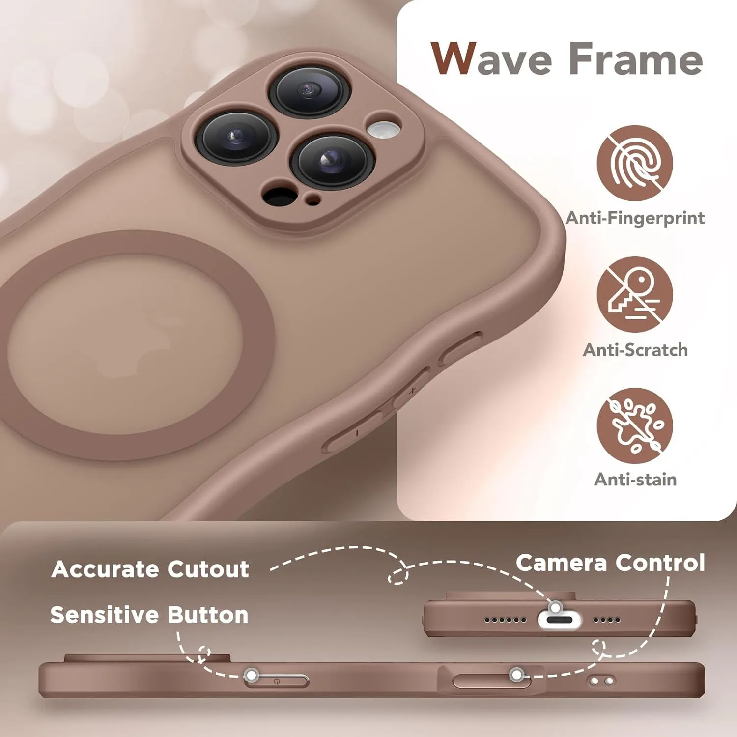 for iPhone 16 Pro Case for Women Girls, Upgraded [Full Camera Protection] [Compatible with MagSafe] Cute Wave Translucent Matte Phone Case for iPhone 16 Pro, Brown