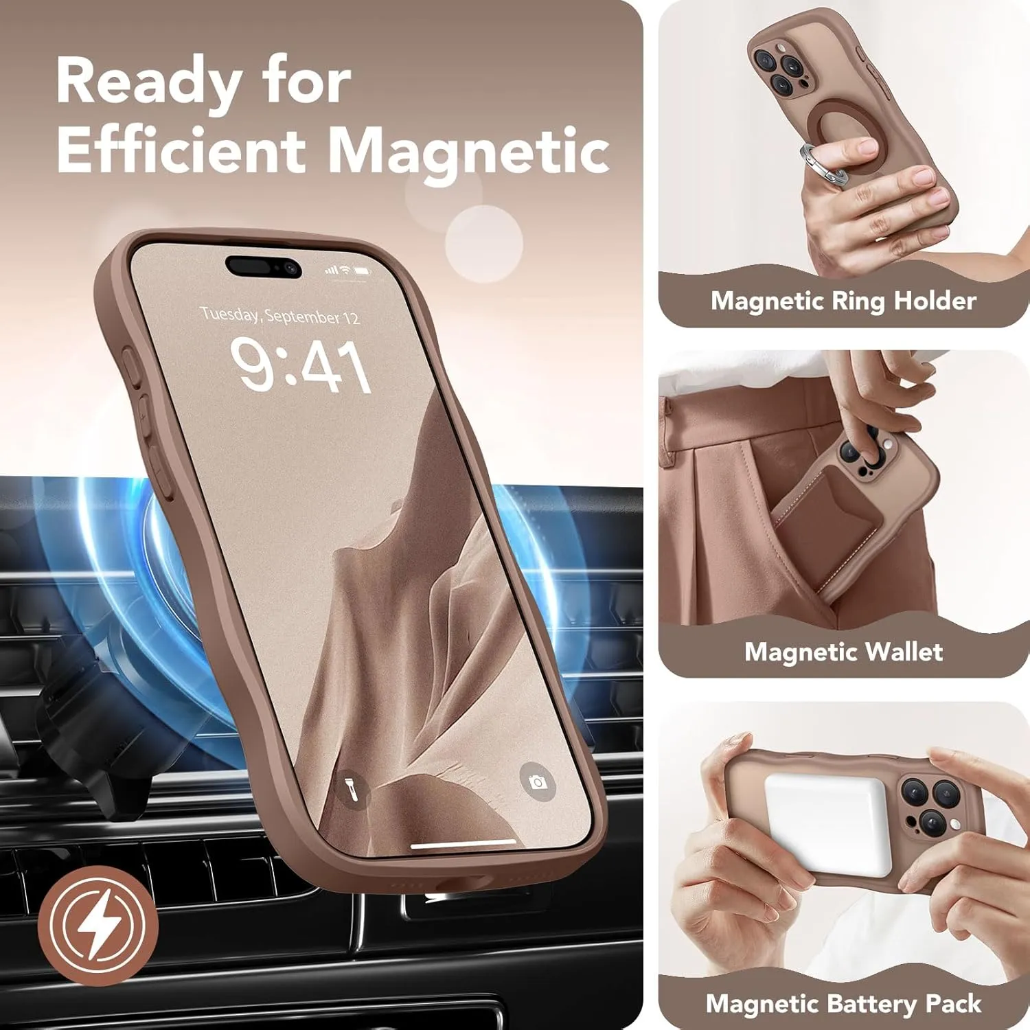 for iPhone 16 Pro Case for Women Girls, Upgraded [Full Camera Protection] [Compatible with MagSafe] Cute Wave Translucent Matte Phone Case for iPhone 16 Pro, Brown