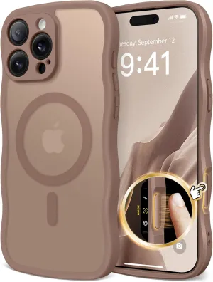 for iPhone 16 Pro Case for Women Girls, Upgraded [Full Camera Protection] [Compatible with MagSafe] Cute Wave Translucent Matte Phone Case for iPhone 16 Pro, Brown