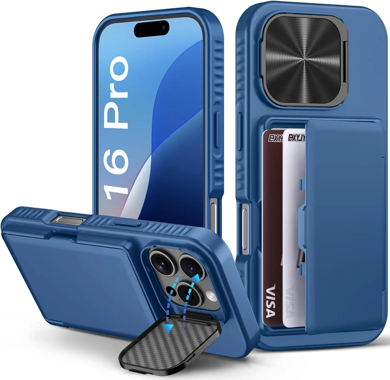 for iPhone 16 Pro Case with Card Holder (4-5 Cards), Camera Cover Stand, Military Grade Protection, Shockproof Heavy Duty Rugged Silicone Men Women Wallet Phone Case for iPhone 16 Pro, Blue