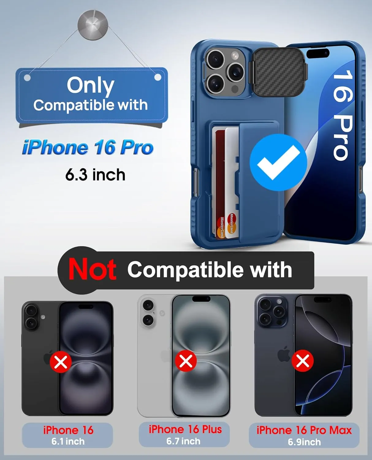 for iPhone 16 Pro Case with Card Holder (4-5 Cards), Camera Cover Stand, Military Grade Protection, Shockproof Heavy Duty Rugged Silicone Men Women Wallet Phone Case for iPhone 16 Pro, Blue
