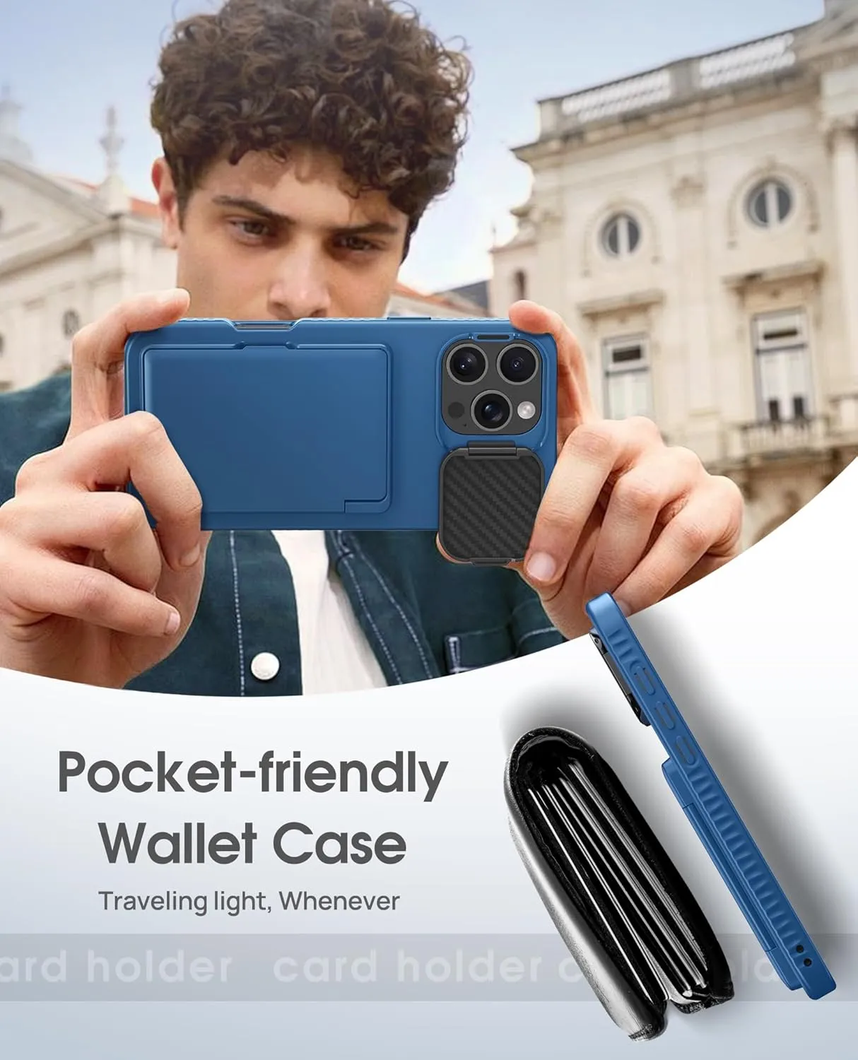 for iPhone 16 Pro Case with Card Holder (4-5 Cards), Camera Cover Stand, Military Grade Protection, Shockproof Heavy Duty Rugged Silicone Men Women Wallet Phone Case for iPhone 16 Pro, Blue