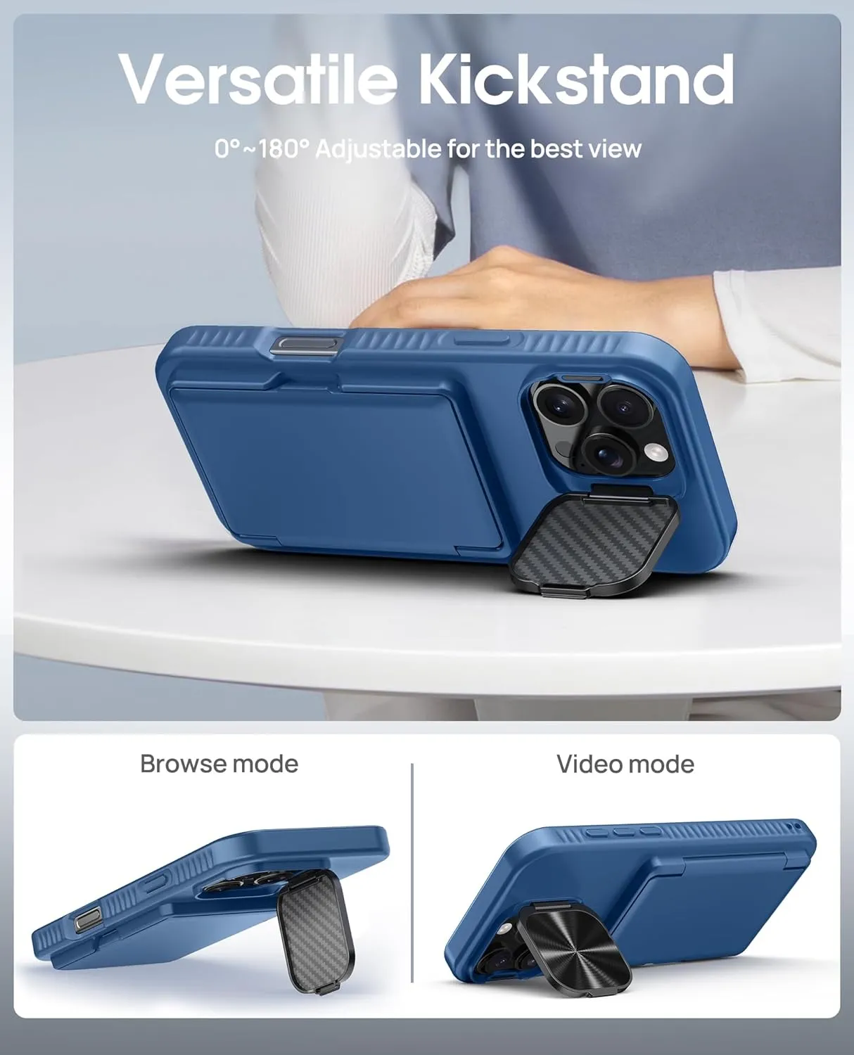 for iPhone 16 Pro Case with Card Holder (4-5 Cards), Camera Cover Stand, Military Grade Protection, Shockproof Heavy Duty Rugged Silicone Men Women Wallet Phone Case for iPhone 16 Pro, Blue