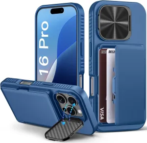for iPhone 16 Pro Case with Card Holder (4-5 Cards), Camera Cover Stand, Military Grade Protection, Shockproof Heavy Duty Rugged Silicone Men Women Wallet Phone Case for iPhone 16 Pro, Blue
