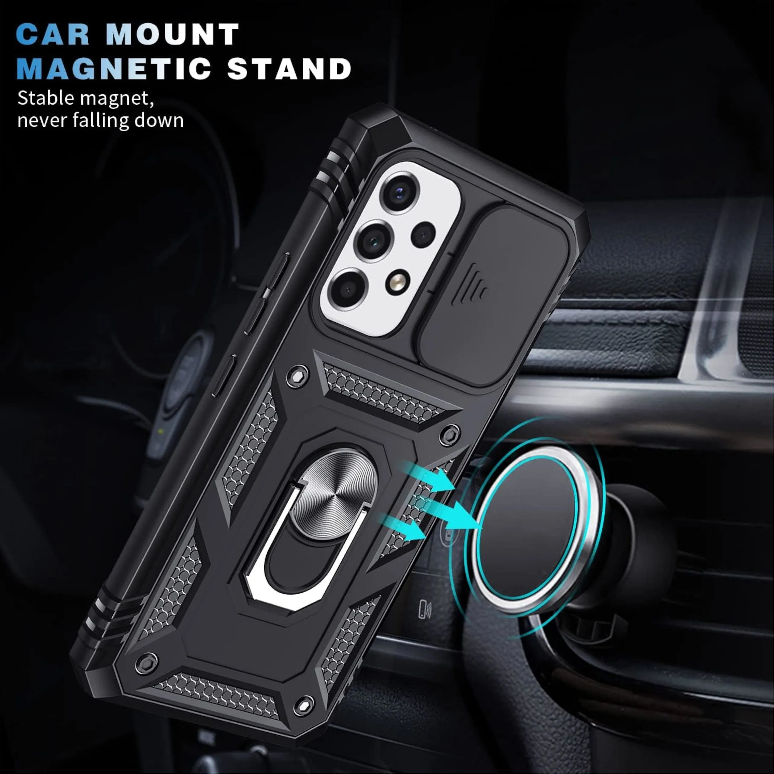 For Samsung Galaxy A36 Hybrid Shockproof, Built-in Sliding Camera Lens Protection with Magnetic Finger Ring Stand Holder Case Cover
