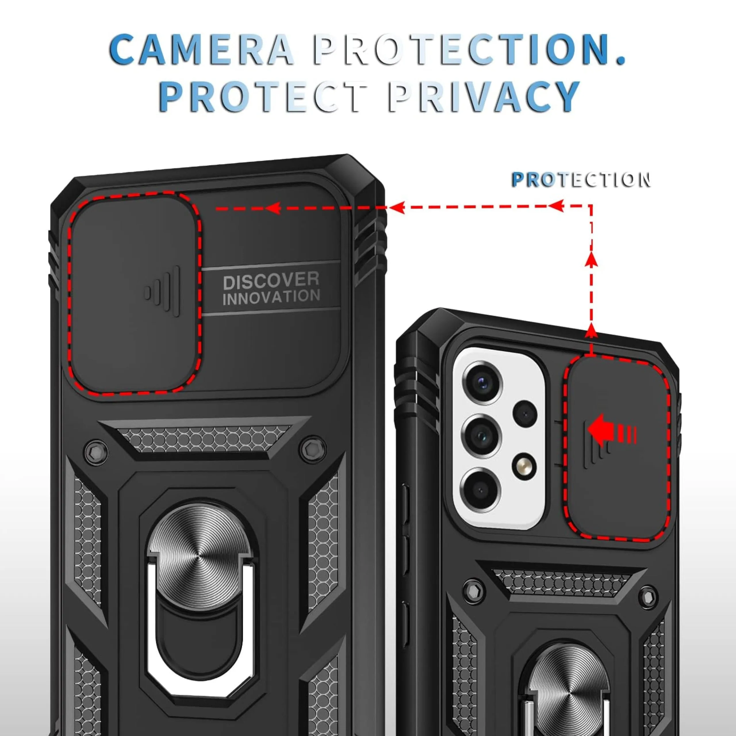 For Samsung Galaxy A36 Hybrid Shockproof, Built-in Sliding Camera Lens Protection with Magnetic Finger Ring Stand Holder Case Cover