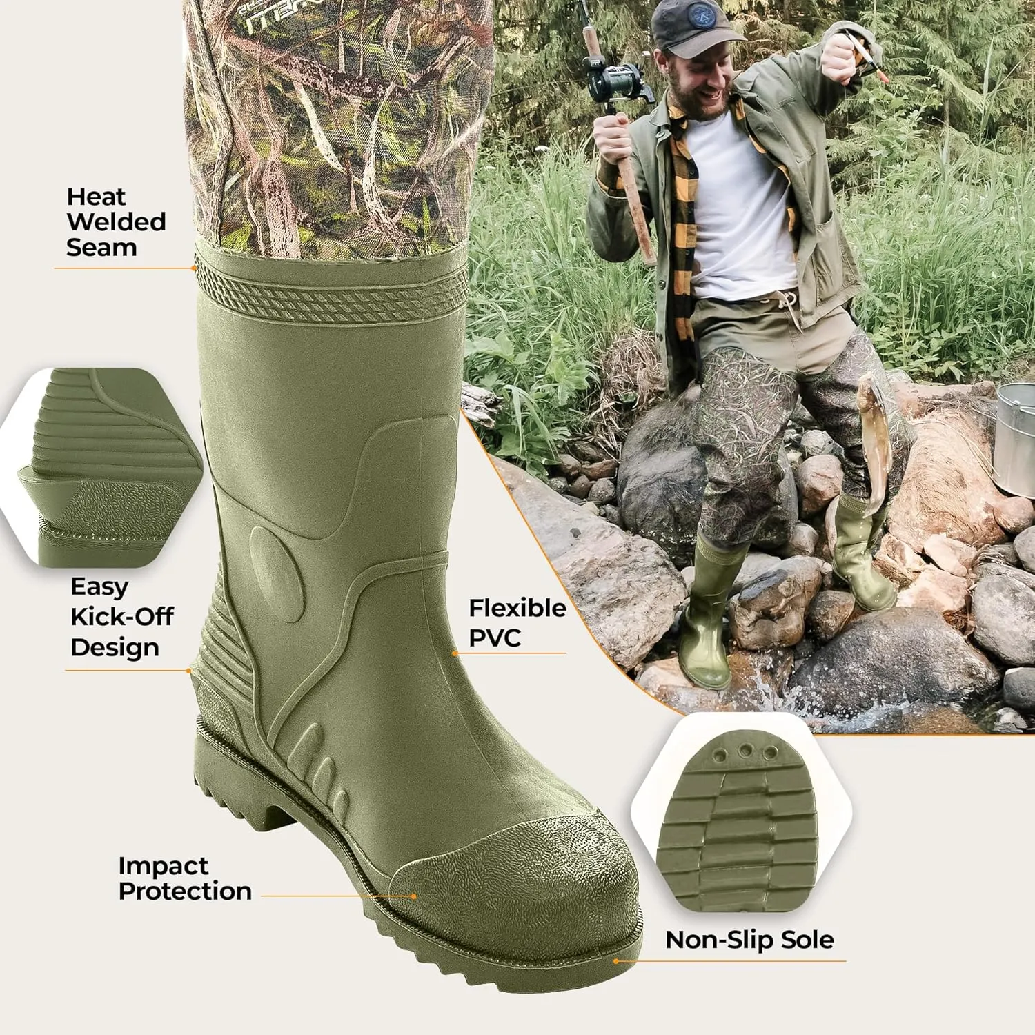 Foxelli Hip Waders – Waterproof Camo Waders for Men & Women with Boots, Lightweight Wading Hip Boots for Fishing & Hunting