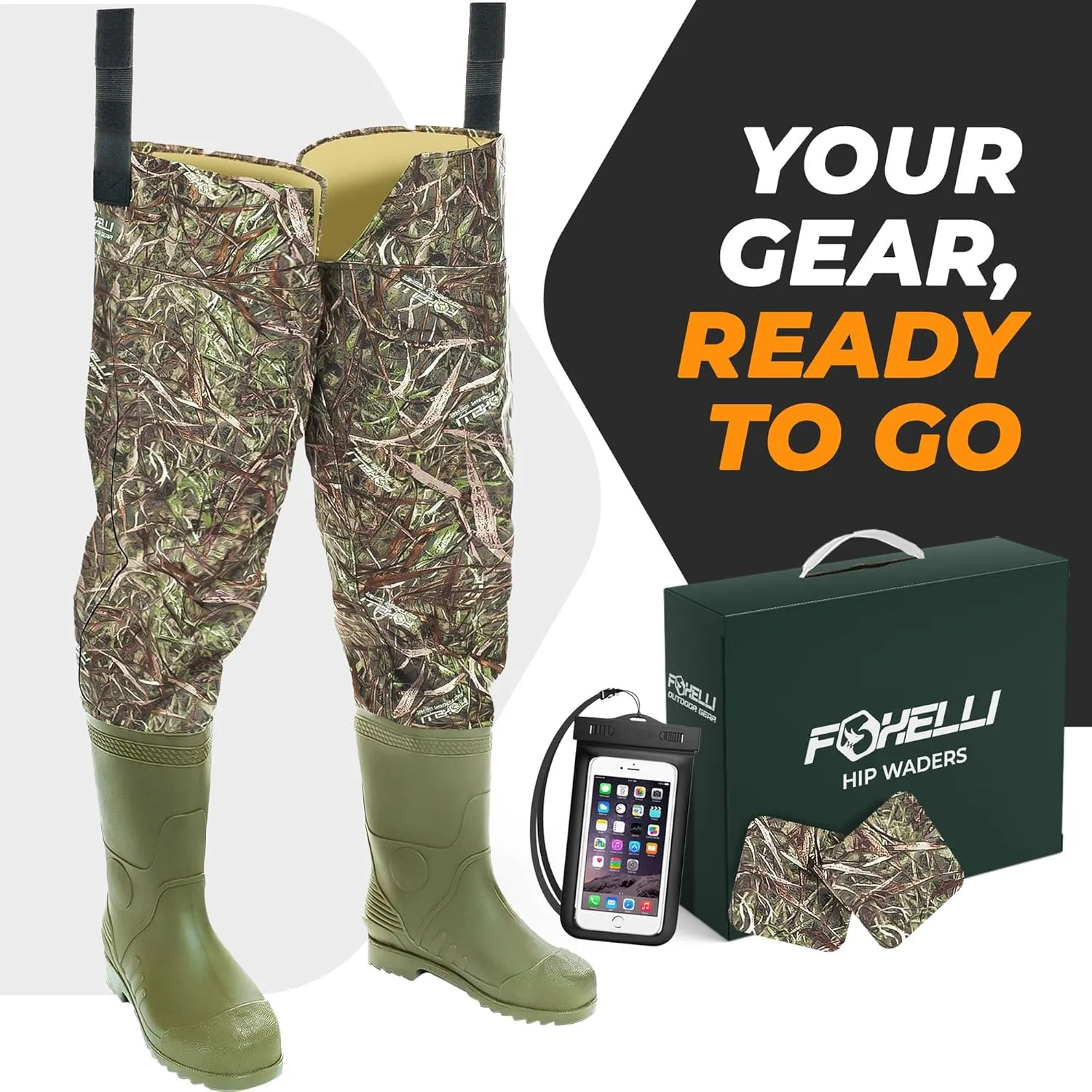 Foxelli Hip Waders – Waterproof Camo Waders for Men & Women with Boots, Lightweight Wading Hip Boots for Fishing & Hunting