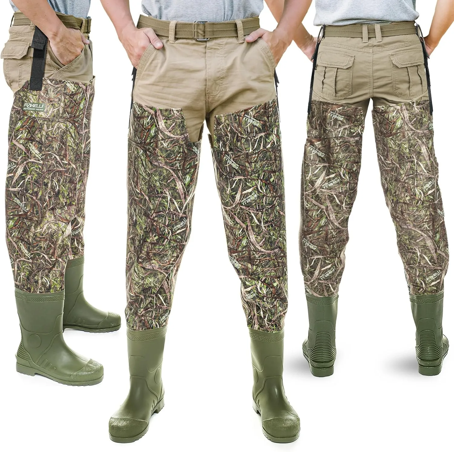 Foxelli Hip Waders – Waterproof Camo Waders for Men & Women with Boots, Lightweight Wading Hip Boots for Fishing & Hunting