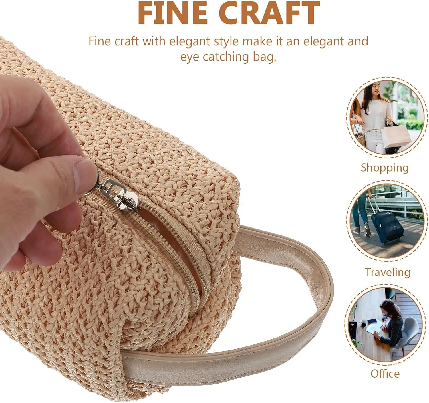 FRCOLOR Woven Makeup Bag Straw Cosmetic Bag with Zip Summer Beach Rattan Handbag Travel Clutch Wallet for Women