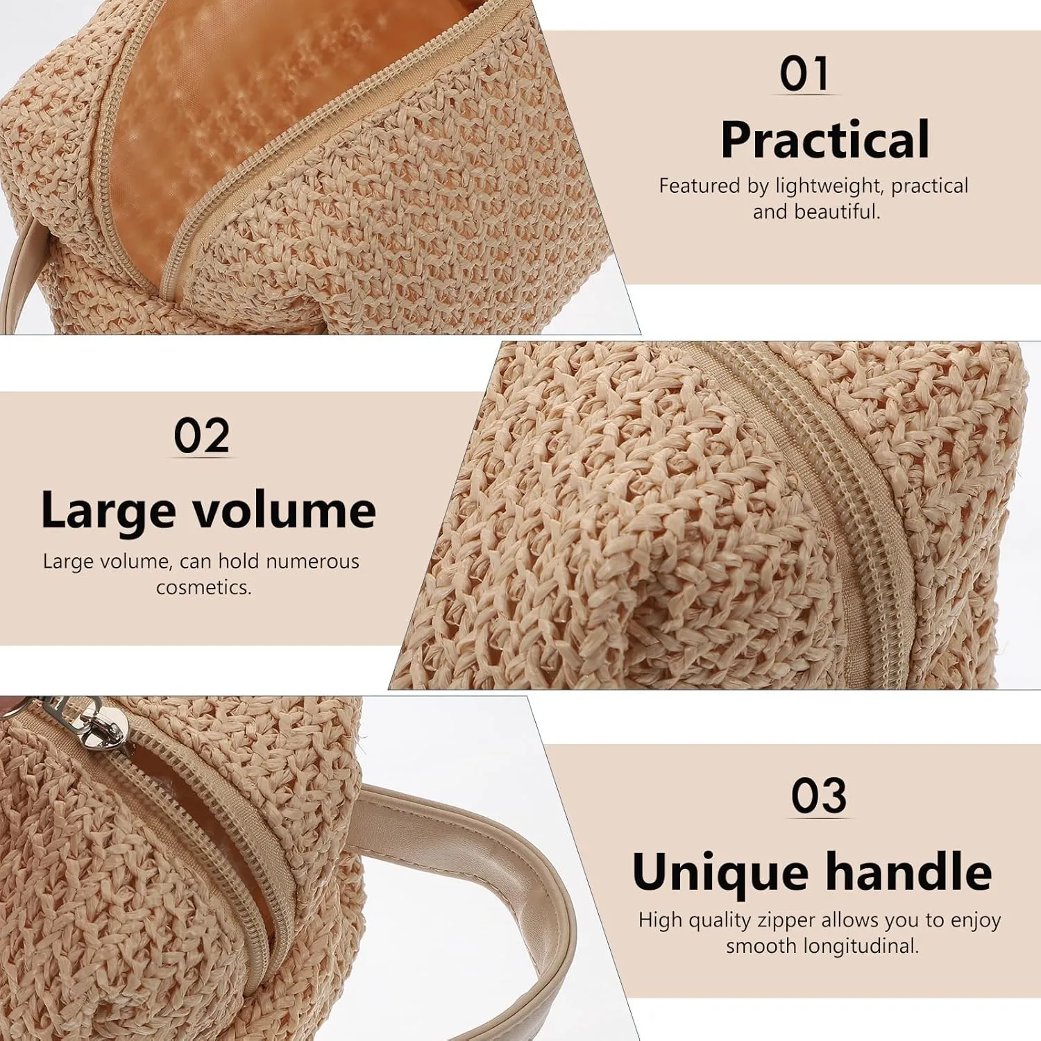 FRCOLOR Woven Makeup Bag Straw Cosmetic Bag with Zip Summer Beach Rattan Handbag Travel Clutch Wallet for Women