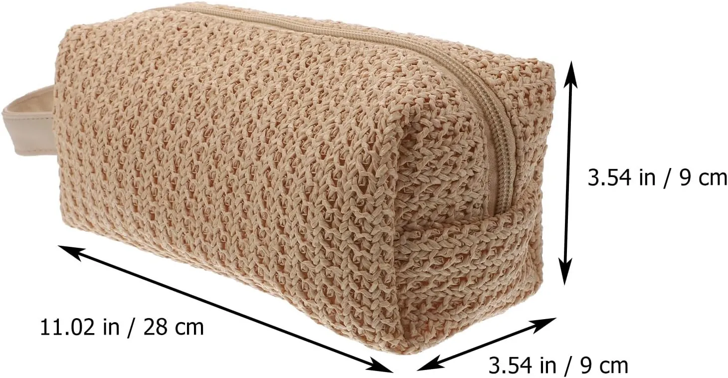 FRCOLOR Woven Makeup Bag Straw Cosmetic Bag with Zip Summer Beach Rattan Handbag Travel Clutch Wallet for Women