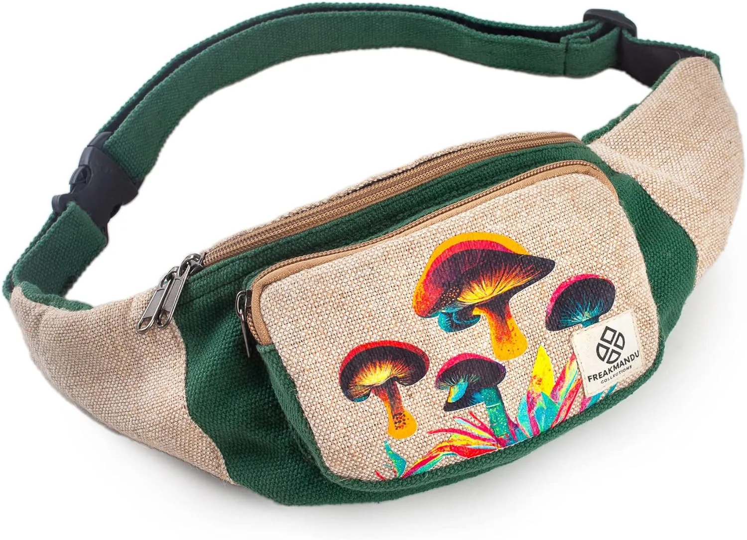 Freakmandu Eco-Friendly Boho Hippie Style Mushroom Hemp Fanny Pack Hip Waist Bag for Hiking Running Jogging Cross Body