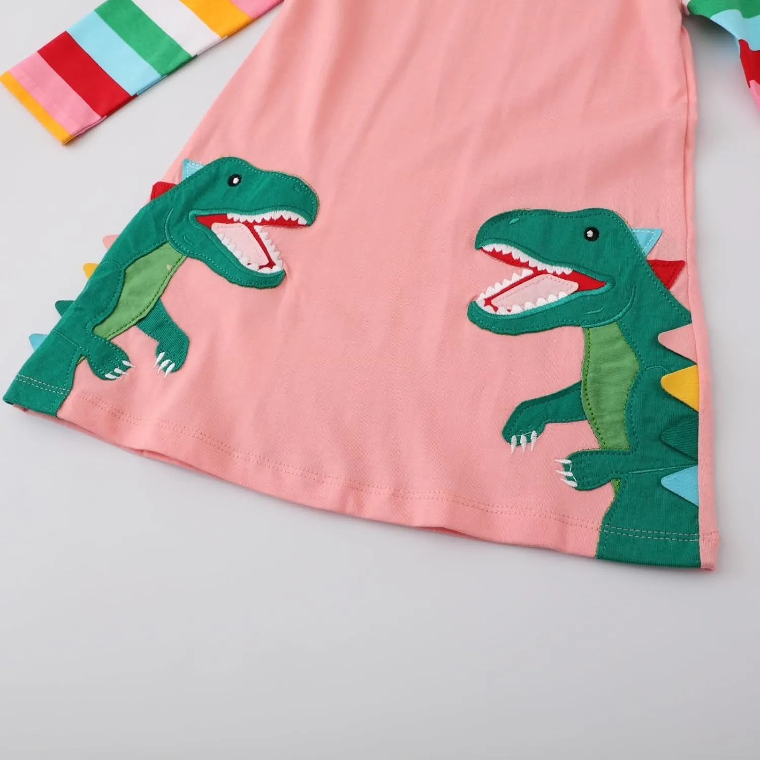 FreeLu Girls Cartoon Applique Dresses Striped Casual Dress Cotton Jersey Longsleeve T-Shirt