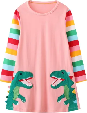 FreeLu Girls Cartoon Applique Dresses Striped Casual Dress Cotton Jersey Longsleeve T-Shirt