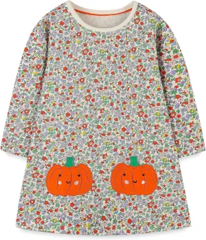 FreeLu Girls Cartoon Applique Dresses Striped Casual Dress Cotton Jersey Longsleeve T-Shirt