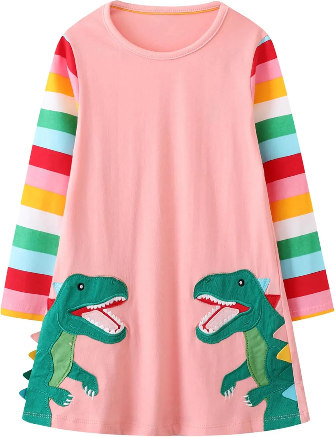 FreeLu Girls Cartoon Applique Dresses Striped Casual Dress Cotton Jersey Longsleeve T-Shirt