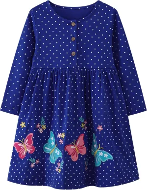 FreeLu Toddler Girls Cartoon Applique Dresses Striped Casual Dress Cotton Jersey Longsleeve T-Shirt