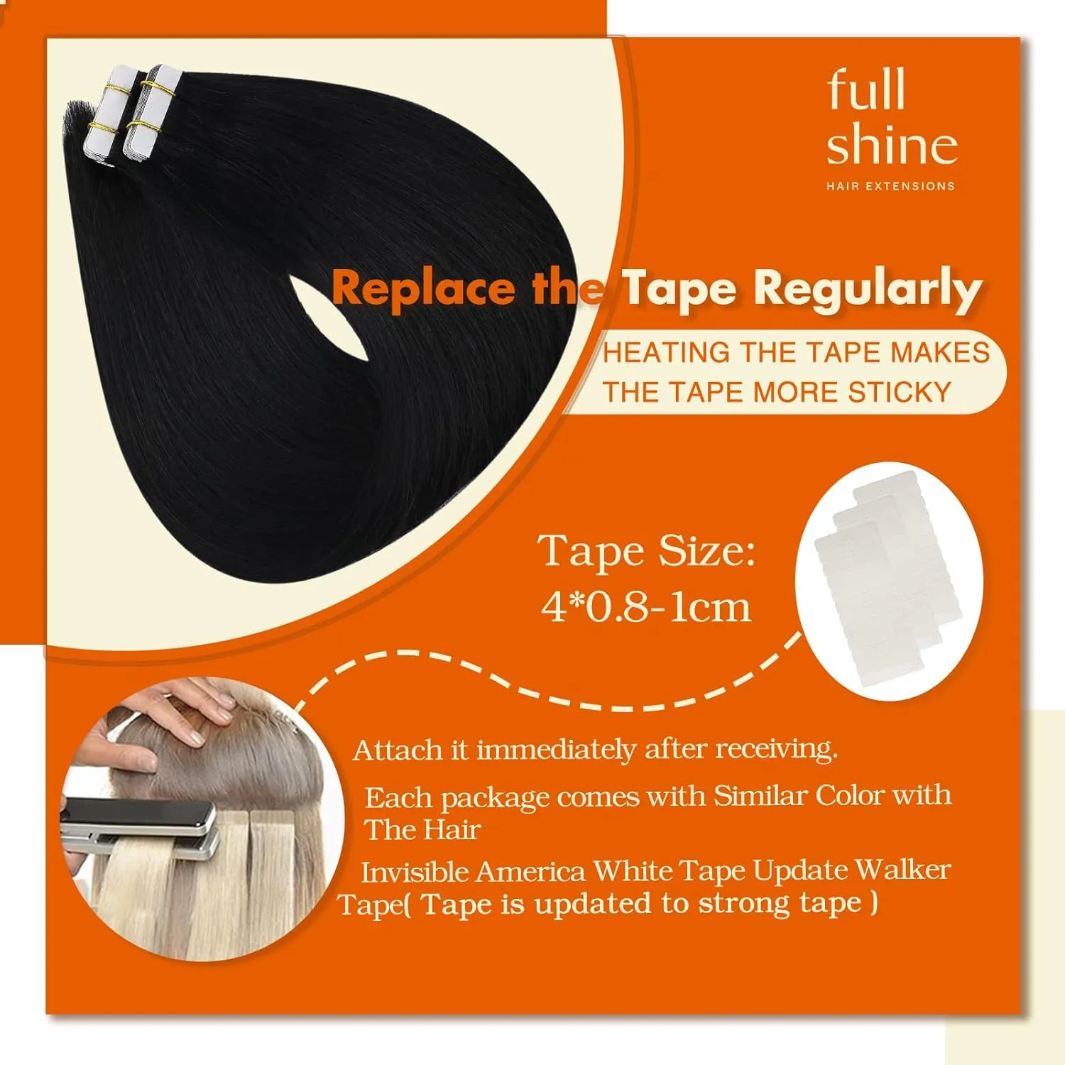 Full Shine Human Hair Tape in Hair Extensions 20 Inch Human Hair Extensions Tape in Remy Real Hair 50 Gram Color 1 Jet Black Seamless Extensions, 20 Pcs Silky Straight Brazilian Hair Natural