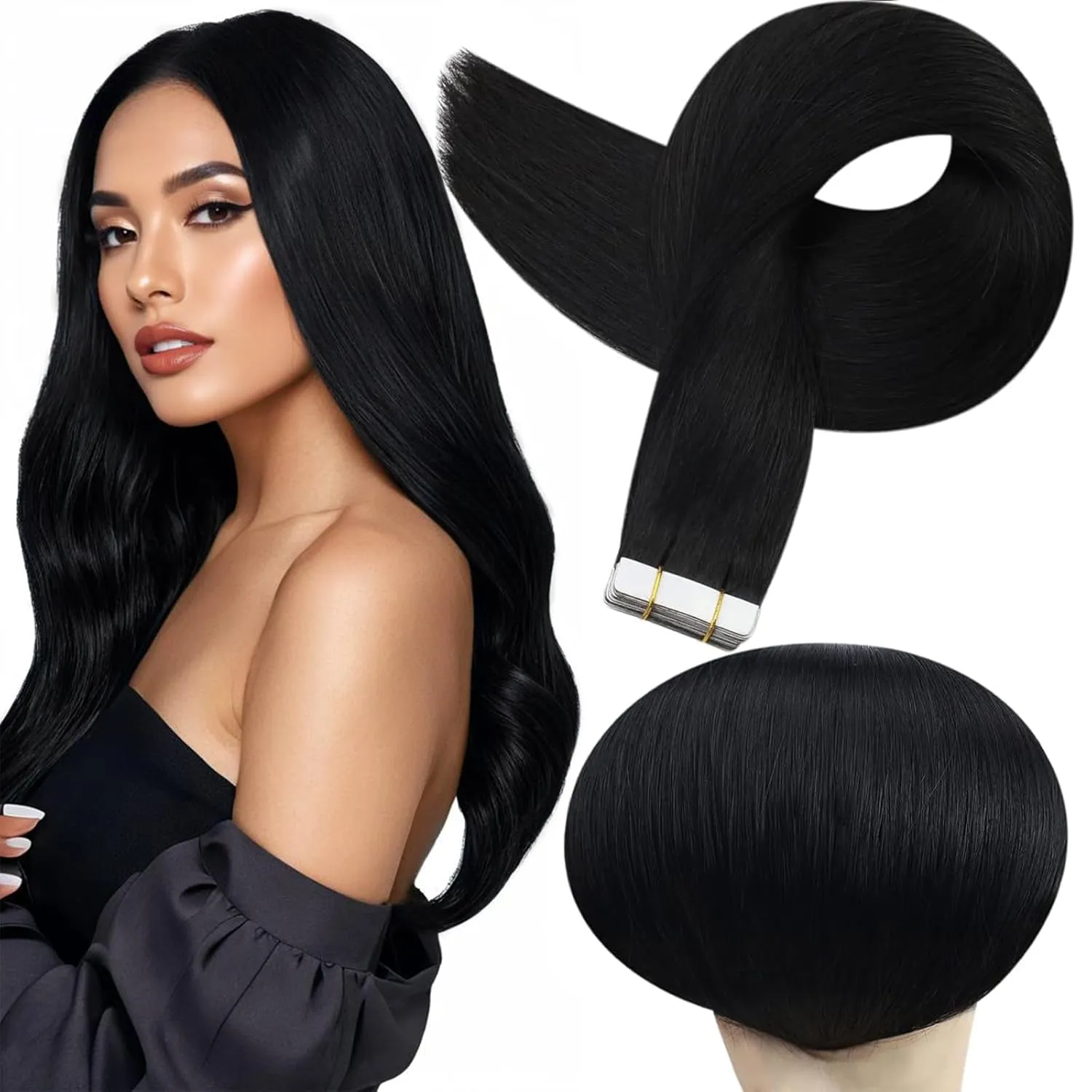 Full Shine Human Hair Tape in Hair Extensions 20 Inch Human Hair Extensions Tape in Remy Real Hair 50 Gram Color 1 Jet Black Seamless Extensions, 20 Pcs Silky Straight Brazilian Hair Natural