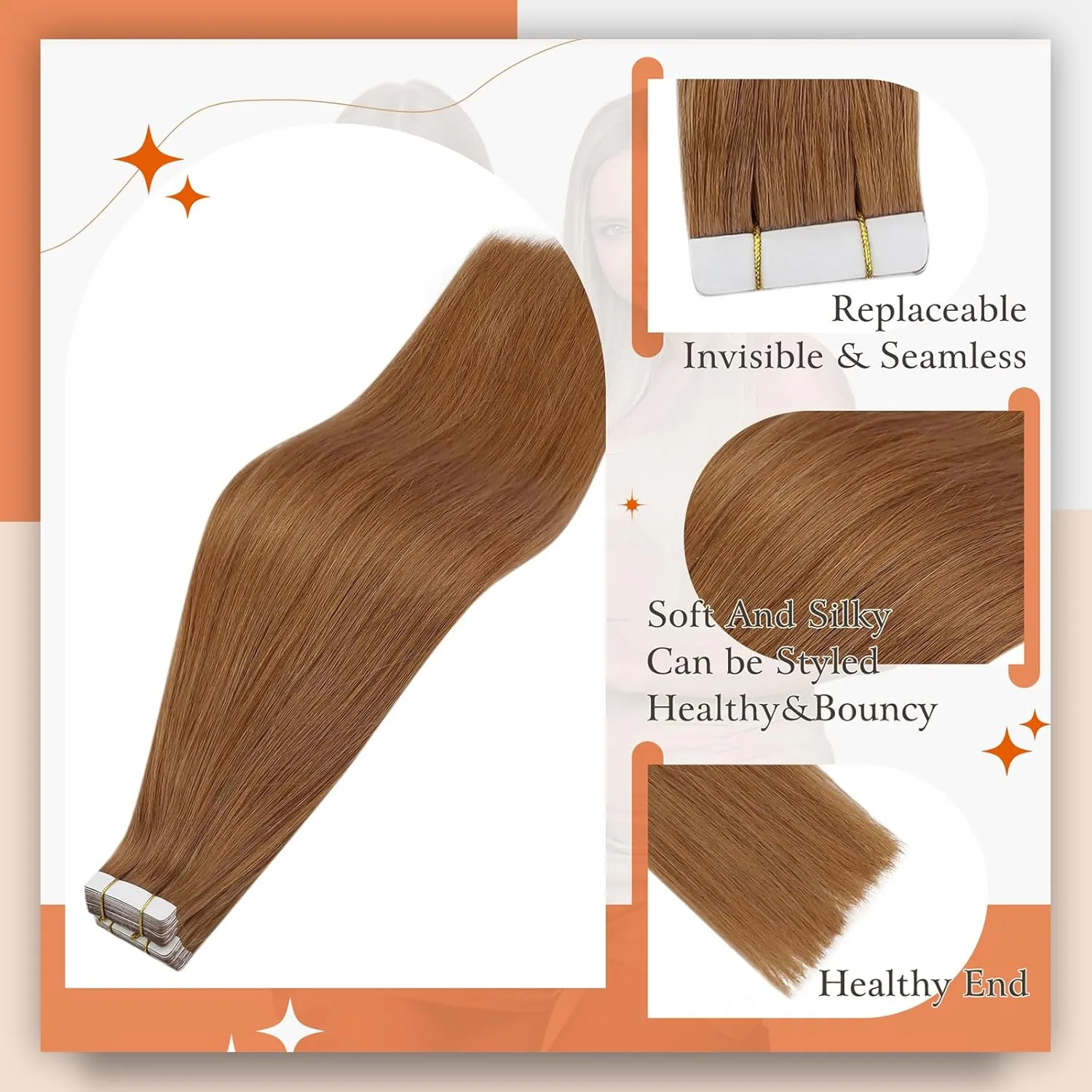Full Shine Invisible Tape in Extensions Real Human Hair Color 330 Auburn Seamless Hair Extensions Tape in 18 Inch 50Gram Double Sided 20Pcs Straight Remy Human Hair Extensions Add Volume for Party