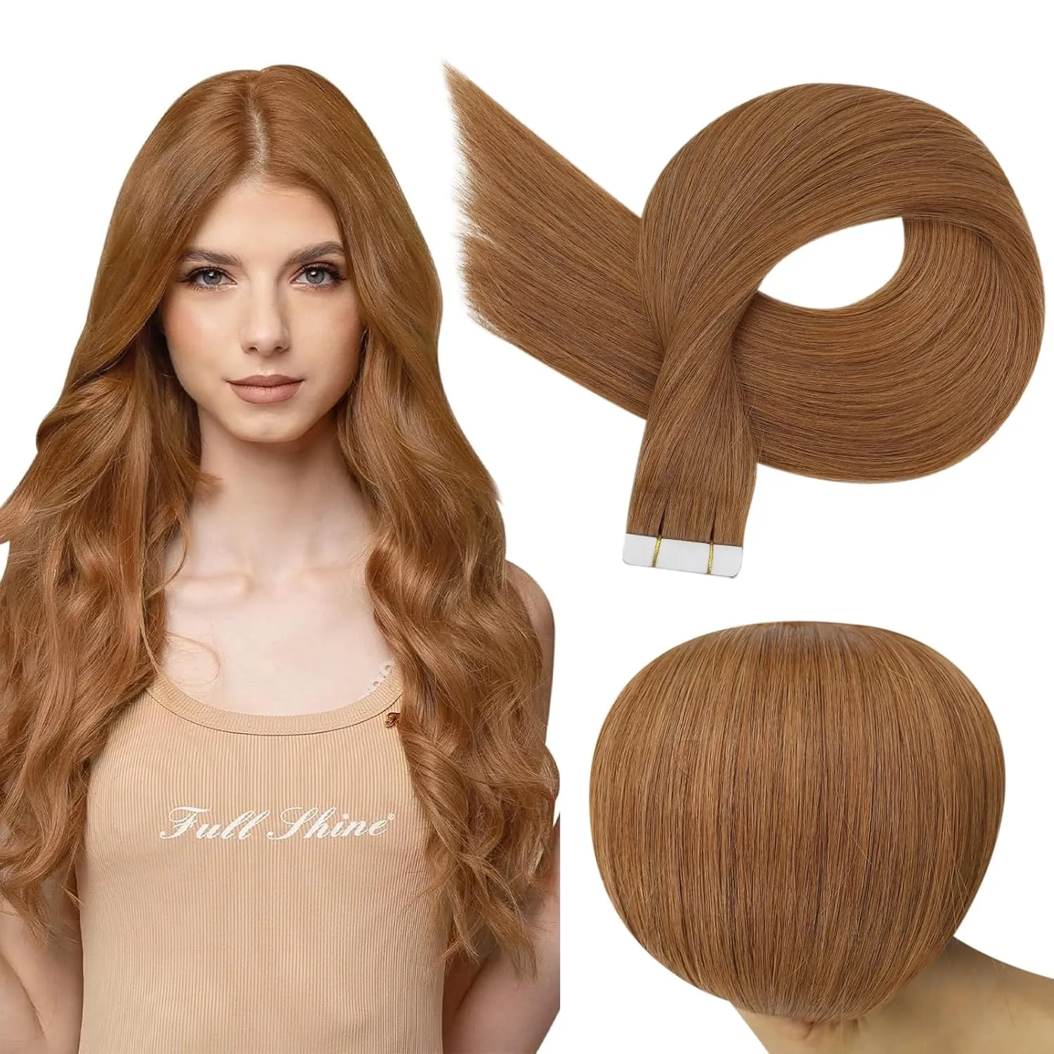 Full Shine Invisible Tape in Extensions Real Human Hair Color 330 Auburn Seamless Hair Extensions Tape in 18 Inch 50Gram Double Sided 20Pcs Straight Remy Human Hair Extensions Add Volume for Party