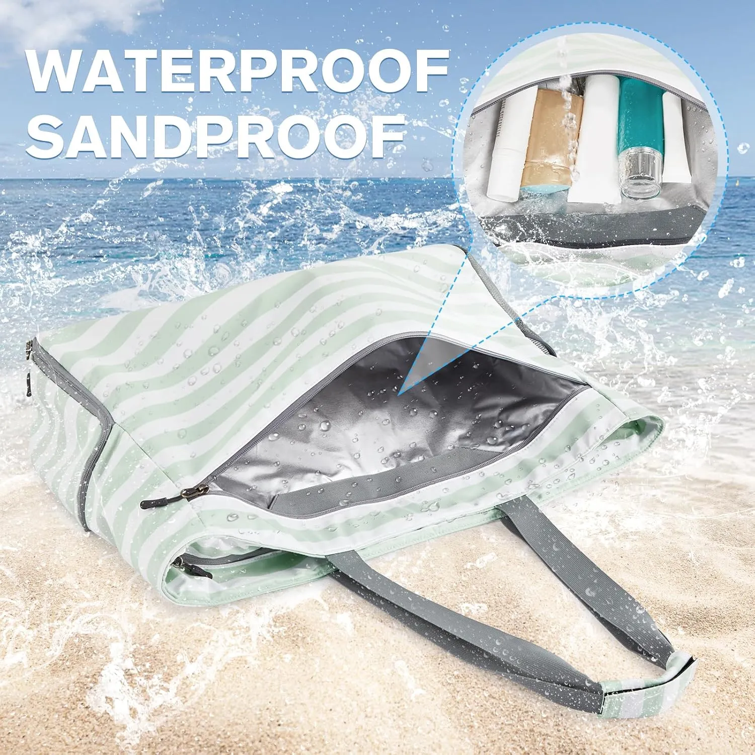 G4Free Beach Bags for Women, Large Foldable Travel Tote Bag with Zipper, Waterproof Sandproof Beach Tote Pool Bag