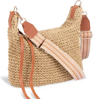 GEECOZYLIFE Straw Bag for Women - Summer Beach Crossbody Bag - Handmade Zipper Straw Purse