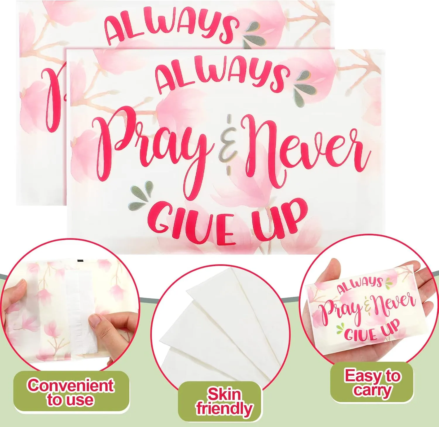 Geyee 25 Pcs Bible Verse Pocket Tissues Travel Packs Bulk Individual Travel Size Mini Slim Christian Facial Tissues Always Pray Never Give up for Toilet Wedding Party Daily Use