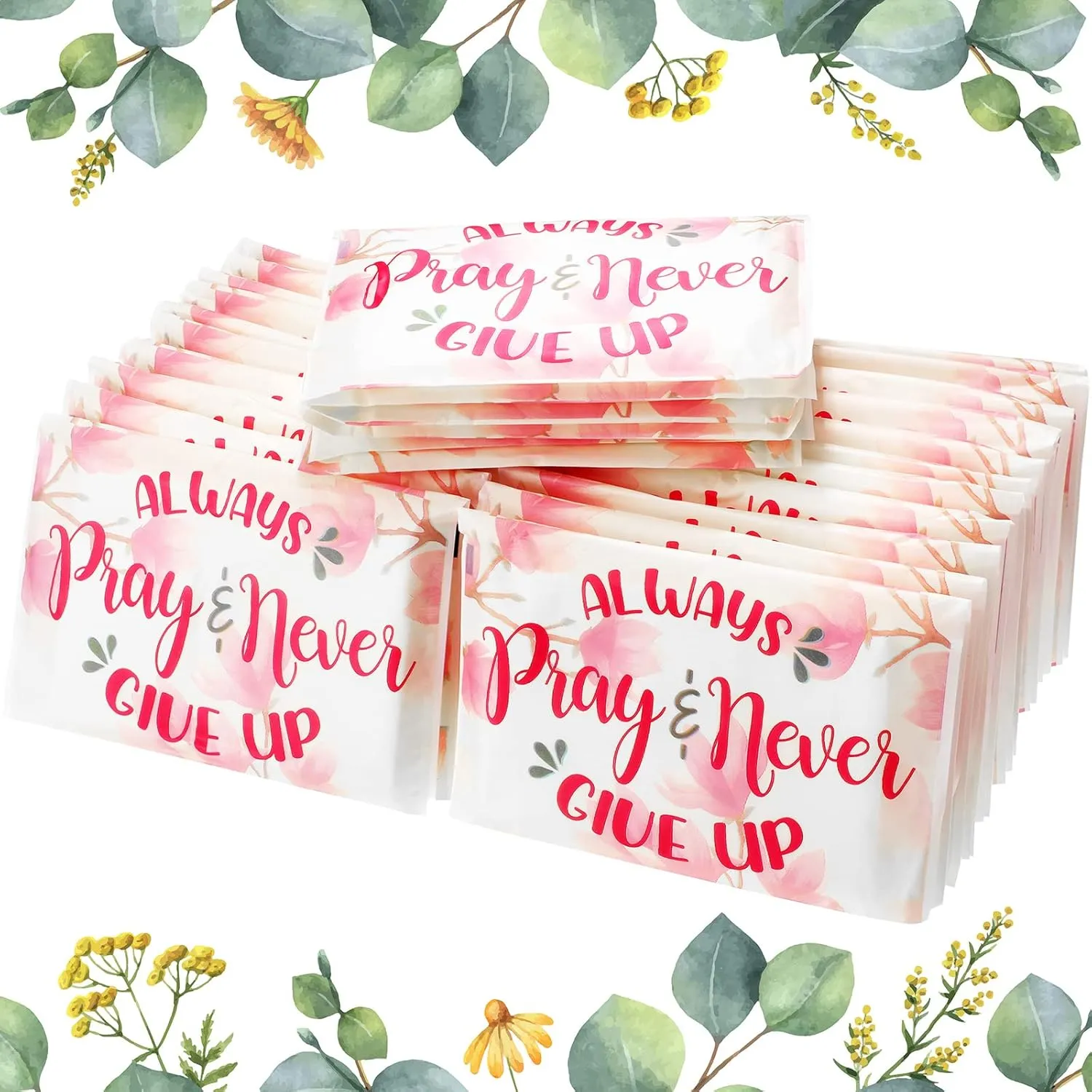 Geyee 25 Pcs Bible Verse Pocket Tissues Travel Packs Bulk Individual Travel Size Mini Slim Christian Facial Tissues Always Pray Never Give up for Toilet Wedding Party Daily Use