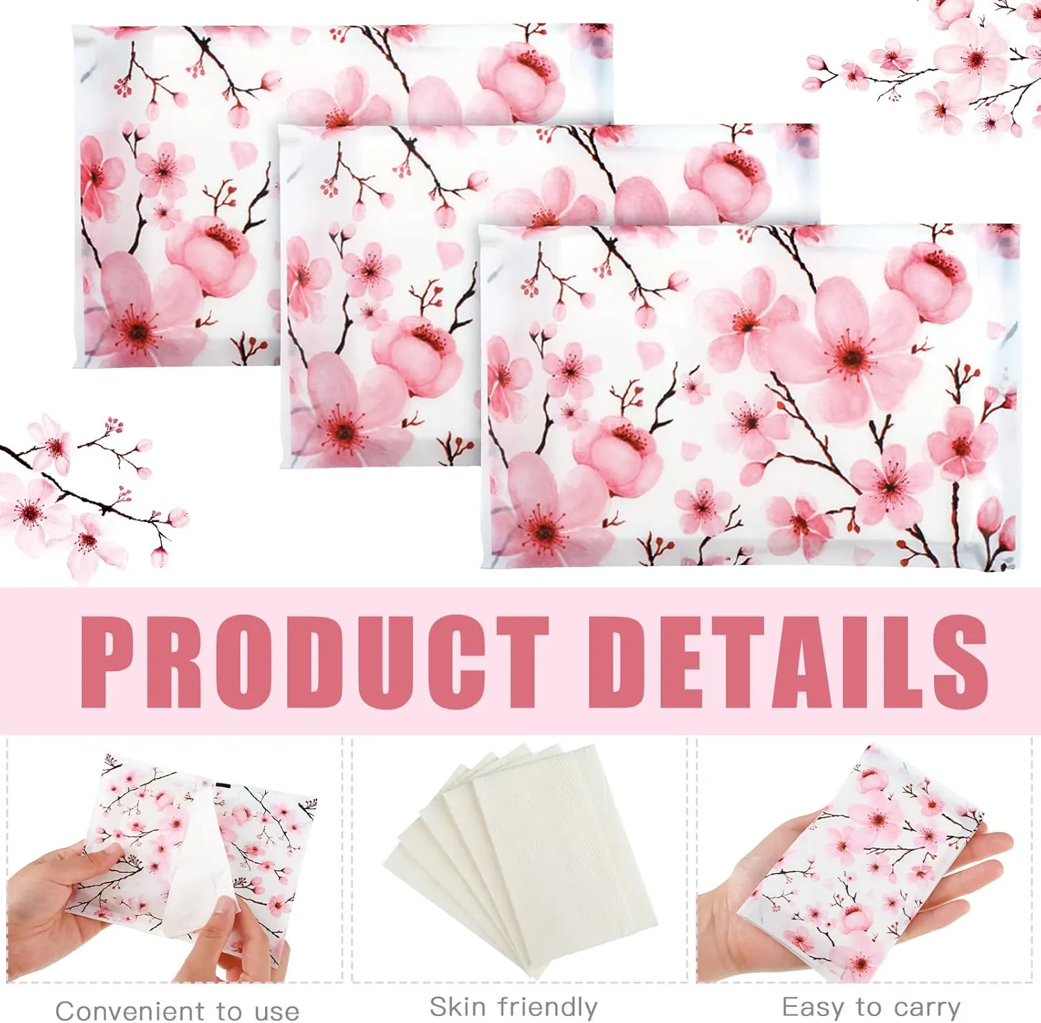 Geyee 50 Packs Facial Tissue Travel Packs Disposable Pocket Tissues for Wedding Guest Travel School Purse Home Supplies, 500 Sheets 3 Ply(Cherry Blossoms)
